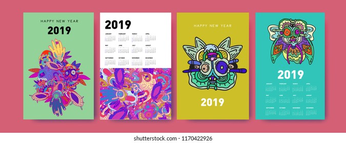 2019 calendar design template with ethnic colorful doodle illustration background
