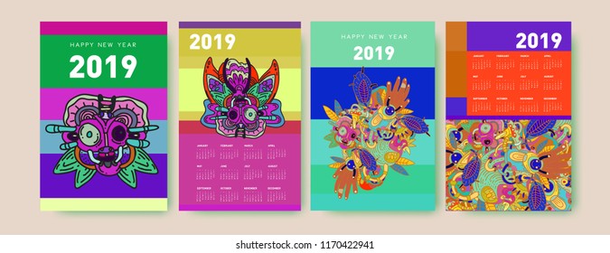 2019 calendar design template with ethnic colorful doodle illustration background
