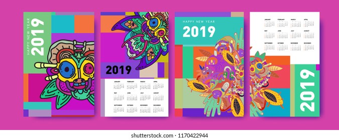 2019 calendar design template with ethnic colorful doodle illustration background
