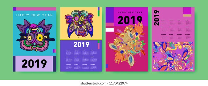2019 calendar design template with ethnic colorful doodle illustration background
