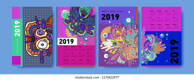 2019 calendar design template with ethnic colorful doodle illustration background
