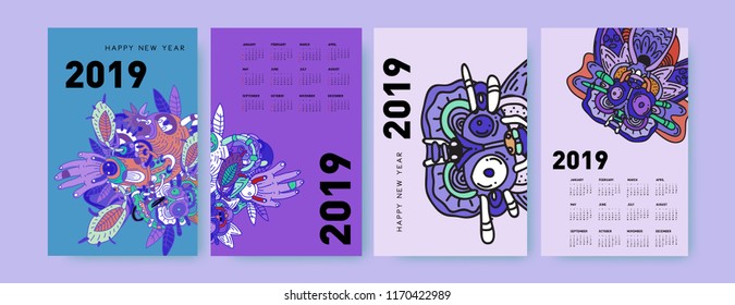 2019 calendar design template with ethnic colorful doodle illustration background
