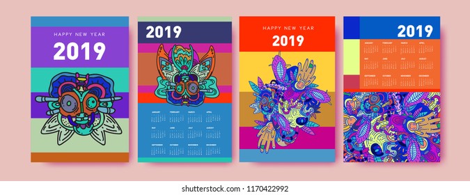 2019 calendar design template with ethnic colorful doodle illustration background
