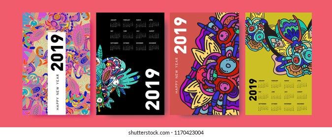2019 calendar design template with ethnic colorful doodle illustration background
