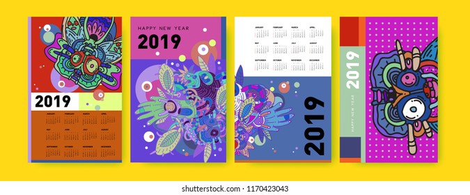 2019 calendar design template with ethnic colorful doodle illustration background

