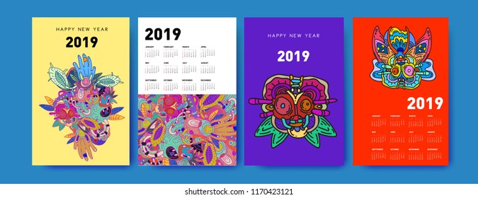 2019 calendar design template with ethnic colorful doodle illustration background

