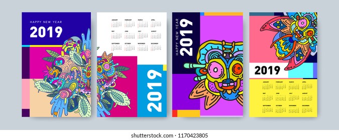 2019 calendar design template with ethnic colorful doodle illustration background
