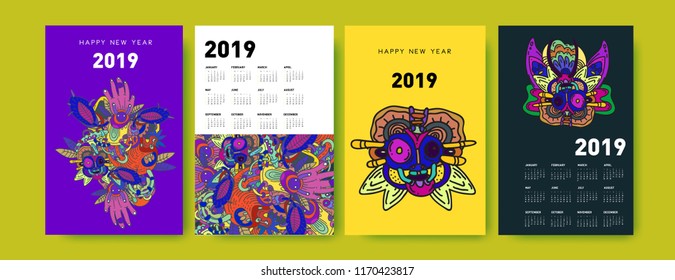 2019 calendar design template with ethnic colorful doodle illustration background
