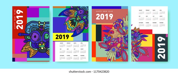 2019 calendar design template with ethnic colorful doodle illustration background
