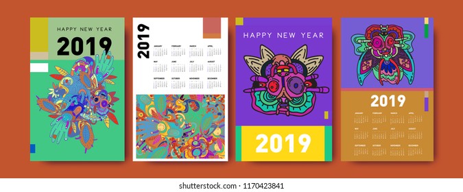 2019 calendar design template with ethnic colorful doodle illustration background
