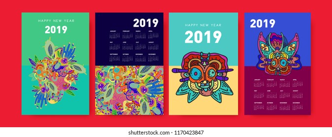 2019 calendar design template with ethnic colorful doodle illustration background
