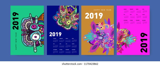 2019 calendar design template with ethnic colorful doodle illustration background
