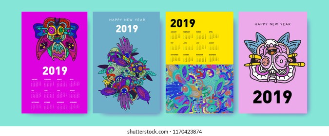 2019 calendar design template with ethnic colorful doodle illustration background
