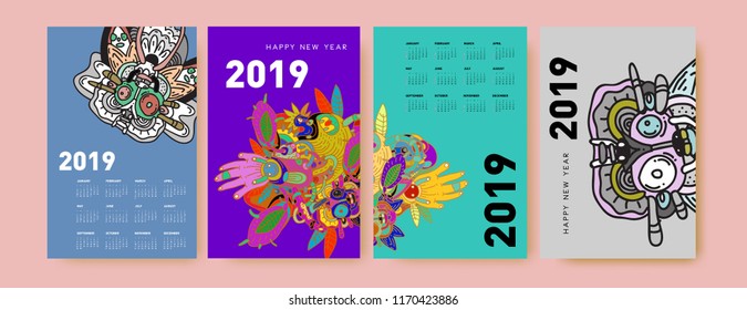 2019 calendar design template with ethnic colorful doodle illustration background
