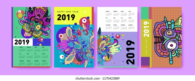 2019 calendar design template with ethnic colorful doodle illustration background
