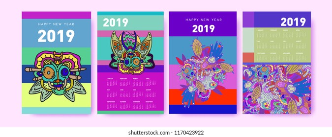 2019 calendar design template with ethnic colorful doodle illustration background
