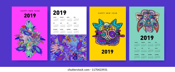2019 calendar design template with ethnic colorful doodle illustration background
