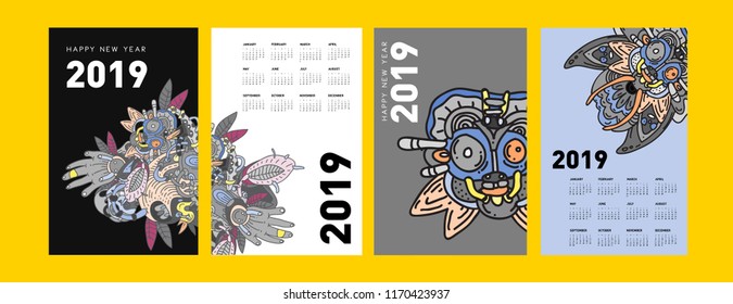 2019 calendar design template with ethnic colorful doodle illustration background
