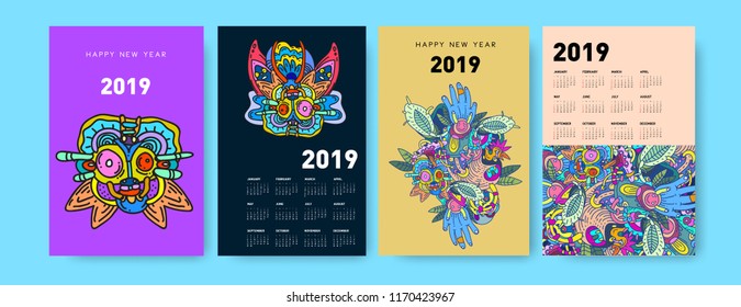 2019 calendar design template with ethnic colorful doodle illustration background
