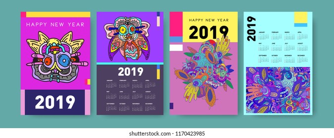 2019 calendar design template with ethnic colorful doodle illustration background
