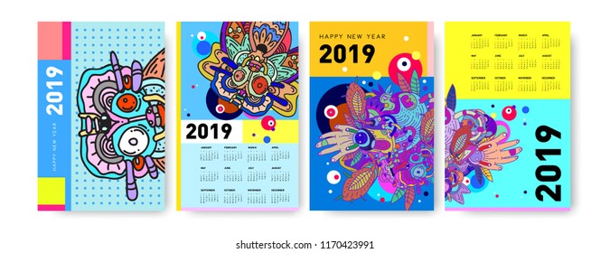 2019 calendar design template with ethnic colorful doodle illustration background
