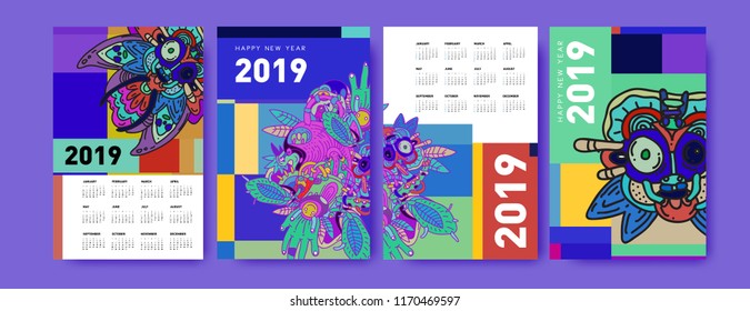 2019 calendar design template with ethnic colorful doodle illustration background
