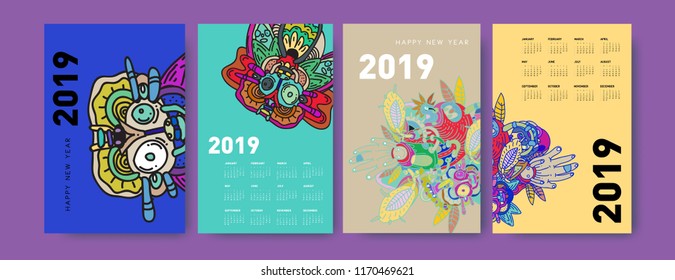 2019 calendar design template with ethnic colorful doodle illustration background
