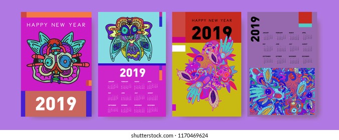 2019 calendar design template with ethnic colorful doodle illustration background
