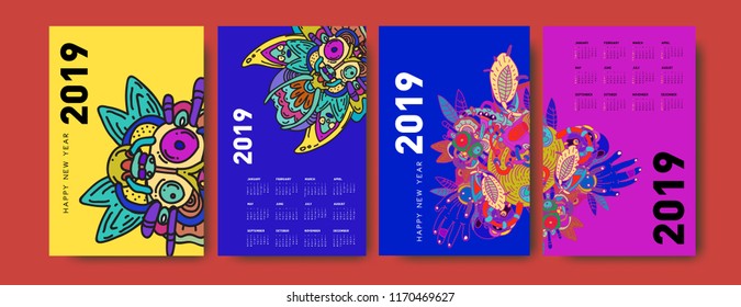 2019 calendar design template with ethnic colorful doodle illustration background
