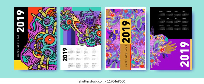 2019 calendar design template with ethnic colorful doodle illustration background
