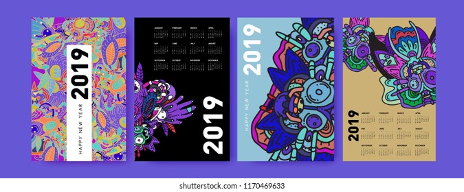 2019 calendar design template with ethnic colorful doodle illustration background
