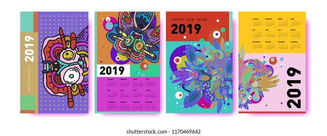 2019 calendar design template with ethnic colorful doodle illustration background
