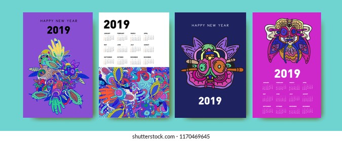2019 calendar design template with ethnic colorful doodle illustration background
