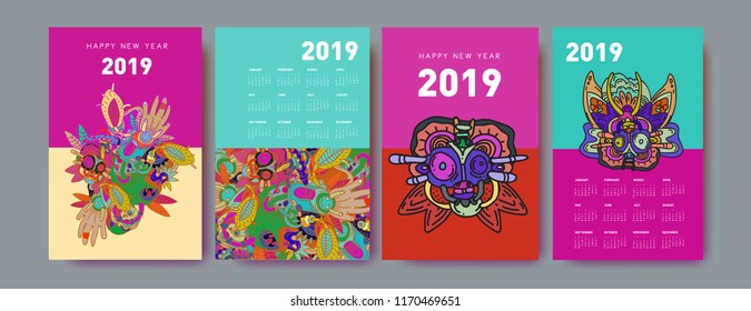 2019 calendar design template with ethnic colorful doodle illustration background
