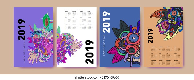 2019 calendar design template with ethnic colorful doodle illustration background
