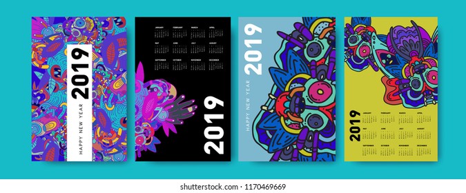 2019 calendar design template with ethnic colorful doodle illustration background
