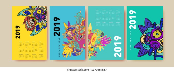 2019 calendar design template with ethnic colorful doodle illustration background

