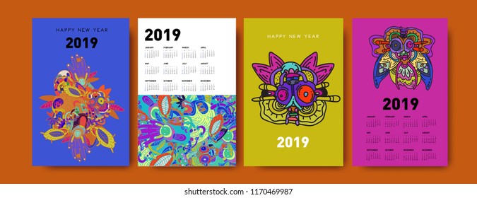 2019 calendar design template with ethnic colorful doodle illustration background
