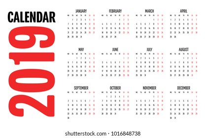 2019 Calendar Design Template Vector Illustration Simple Clear Week Start from Monday