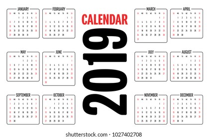 2019 Calendar Design Template Vector Illustration Week Start from Sunday