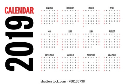 2019 Calendar Design Template Vector Illustration Simple Clear Week Start from Sunday