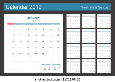 2019 Calendar. Desk Calendar modern design template. Week starts Sunday. Vector illustration.