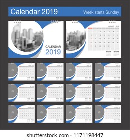 2019 Calendar. Desk Calendar modern design template with place for photo. Week starts Sunday. A5 or A4 paper size. Vector illustration.