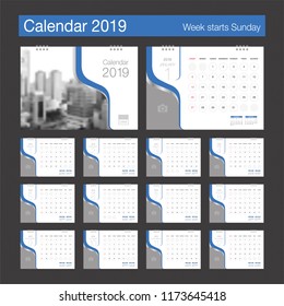 2019 Calendar. Desk Calendar modern design template with place for photo. Week starts Sunday. A5 or A4 paper size. Vector illustration.