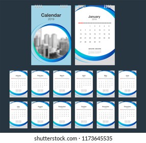 2019 Calendar. Desk Calendar modern design template with place for photo. Week starts Sunday. A5 or A4 paper size. Vector illustration.