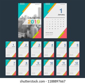 2019 Calendar. Desk Calendar modern design template with place for photo. Week starts Sunday. A5 or A4 paper size. Vector illustration.