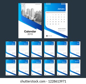 2019 Calendar. Desk Calendar modern design template with place for photo. Week starts Sunday. A5 or A4 paper size. Vector illustration.