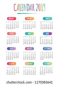 2019 Calendar doodle drawing Vector with week starting on sunday in white background