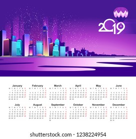 2019 calendar in English, abstract neon city on the embankment is lit with bright lights, urban landscape