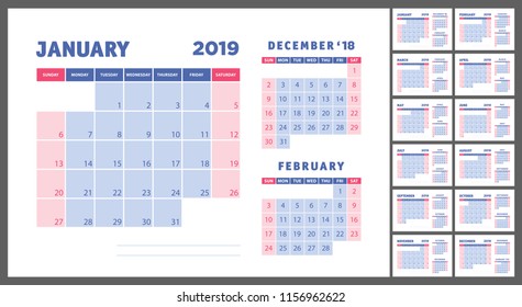 2019 calendar. English calender. Color vector template. Week starts on Sunday. Business planning. New year planner. Design